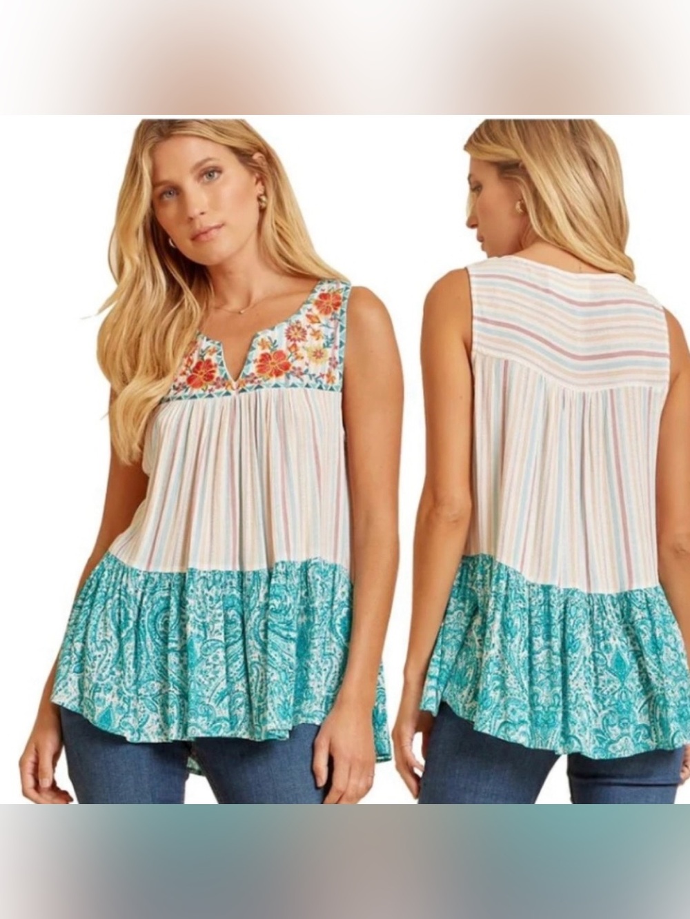 Savannah Jane Medium Sleeveless Floral Embroidered Tiered Tank Top - Teal Multi